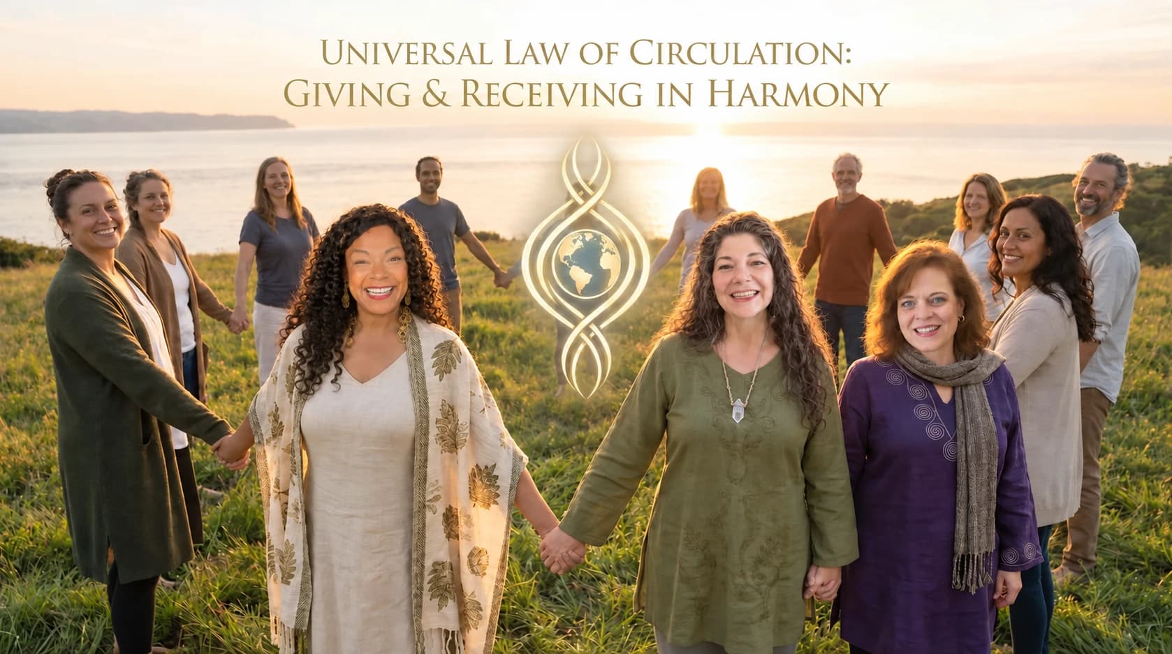 Smiling people holding hands by the water at sunset. Universal Law of Circulation: Giving & Receiving in Harmony.